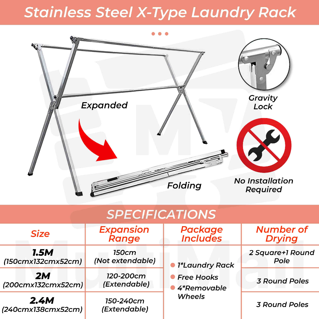 X MODEL - 2M ( WITH WHEEL) Stainless Steel Extendable Drying Rack ...