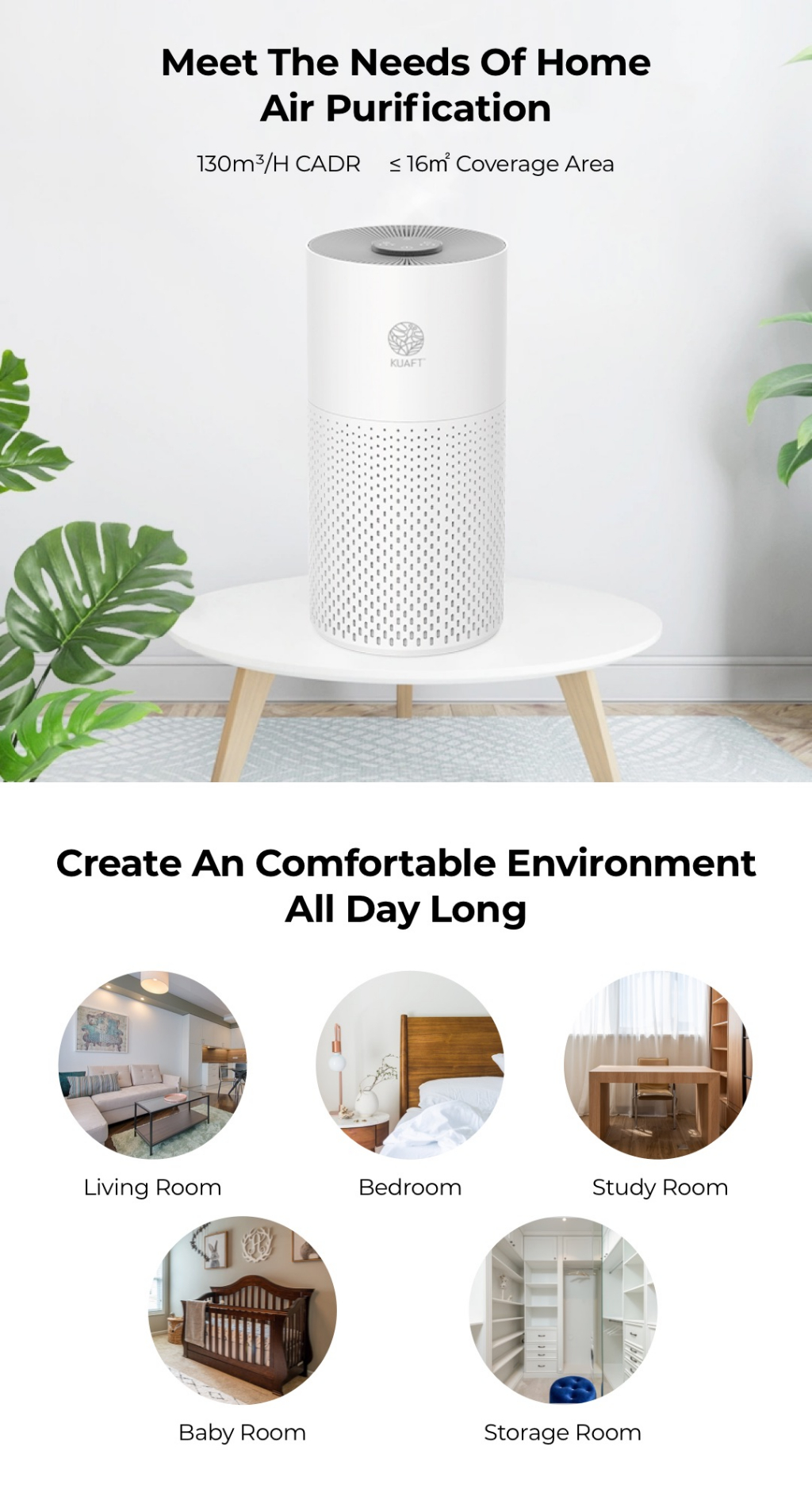 Kuaft Smart Air Purifier Aloe - 130m³/h CADR, 16m² HEPA Filter, APP ...