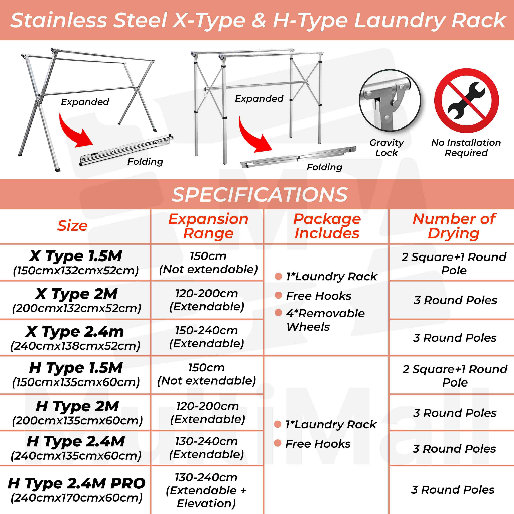 (SG Seller) Laundry Rack 1.5/2/2.4m Stainless Steel Rack| Foldable ...