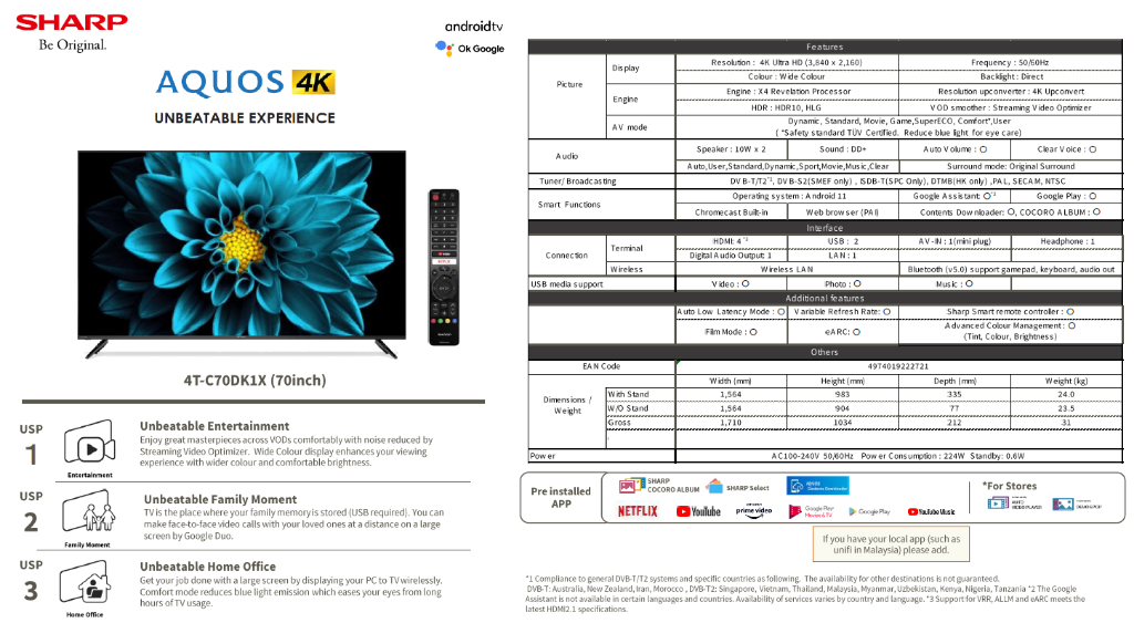 SHARP 4T-C70DK1X 70 INCH 4K ULTRA HD ANDROID TV | Shopee Singapore