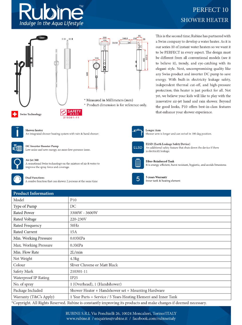 Rubine x sgPlumbMart P10 (Upgraded) Rain Shower Instant Heater