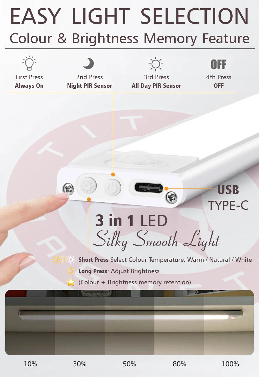 Tri-colour Edge Diffusion LED Light Dual Mode PIR Sensor Magnetic Type ...