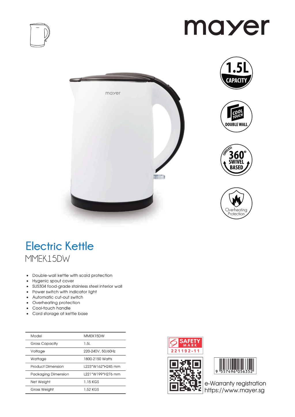 Mayer 1.5L Electric Kettle MMEK15DW Shopee Singapore