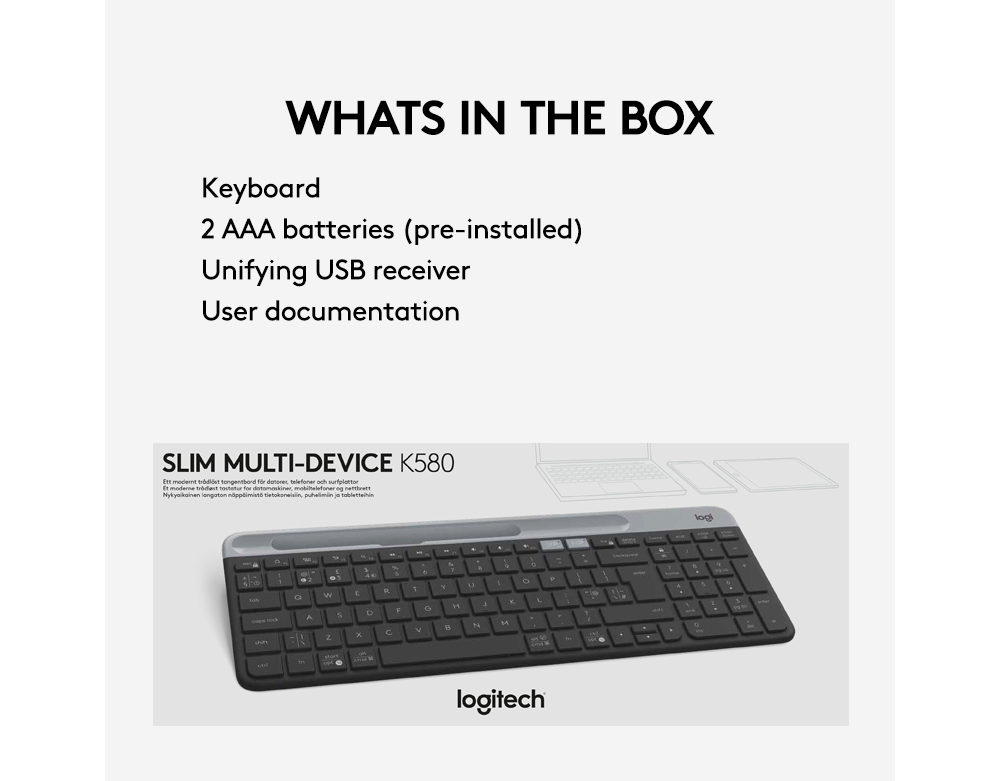 Logitech K580 Slim Multi-Device Wireless Keyboard (Graphite/White/Rose ...