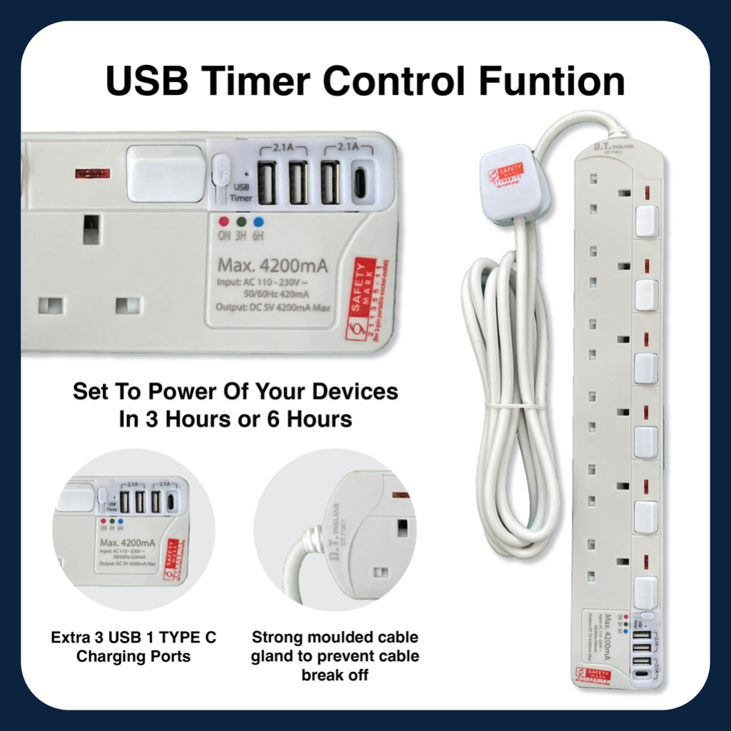 DT England 4 USB With TYPE C Charger and USB Timer Extension Socket 3 / ...