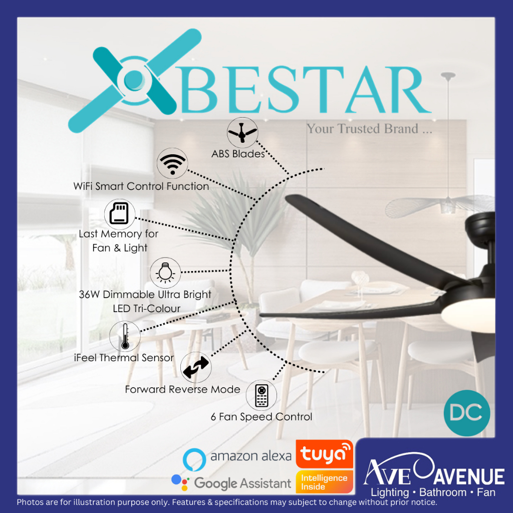 BESTAR Vesta SMART DC Motor 5 Blade Ceiling Fan w/ Dimmable 3 Tone LED ...