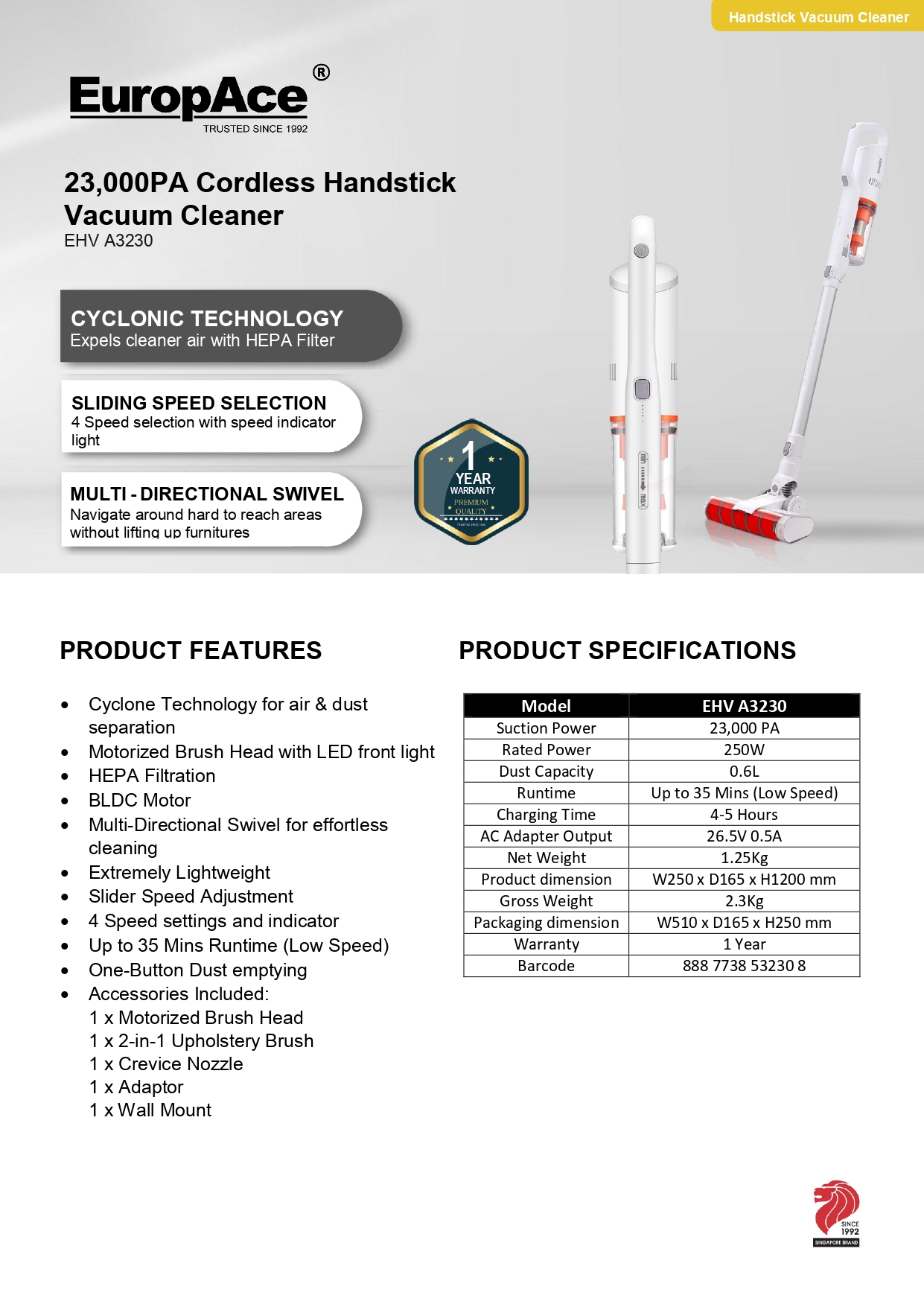 EuropAce 32kPA ( EHV A5320) / 23kPA (EHV A3230) Cordless Handheld