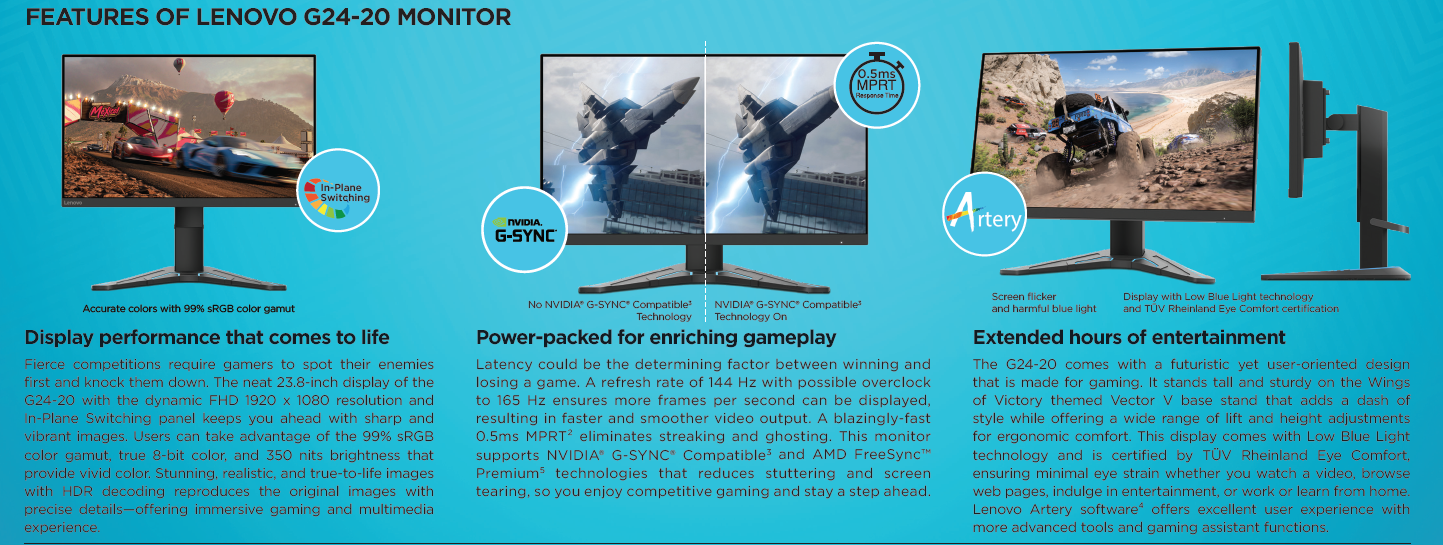 Lenovo G24-20 IPS 144 Hz (Overclock to 165Hz) FHD (MPRT) 350