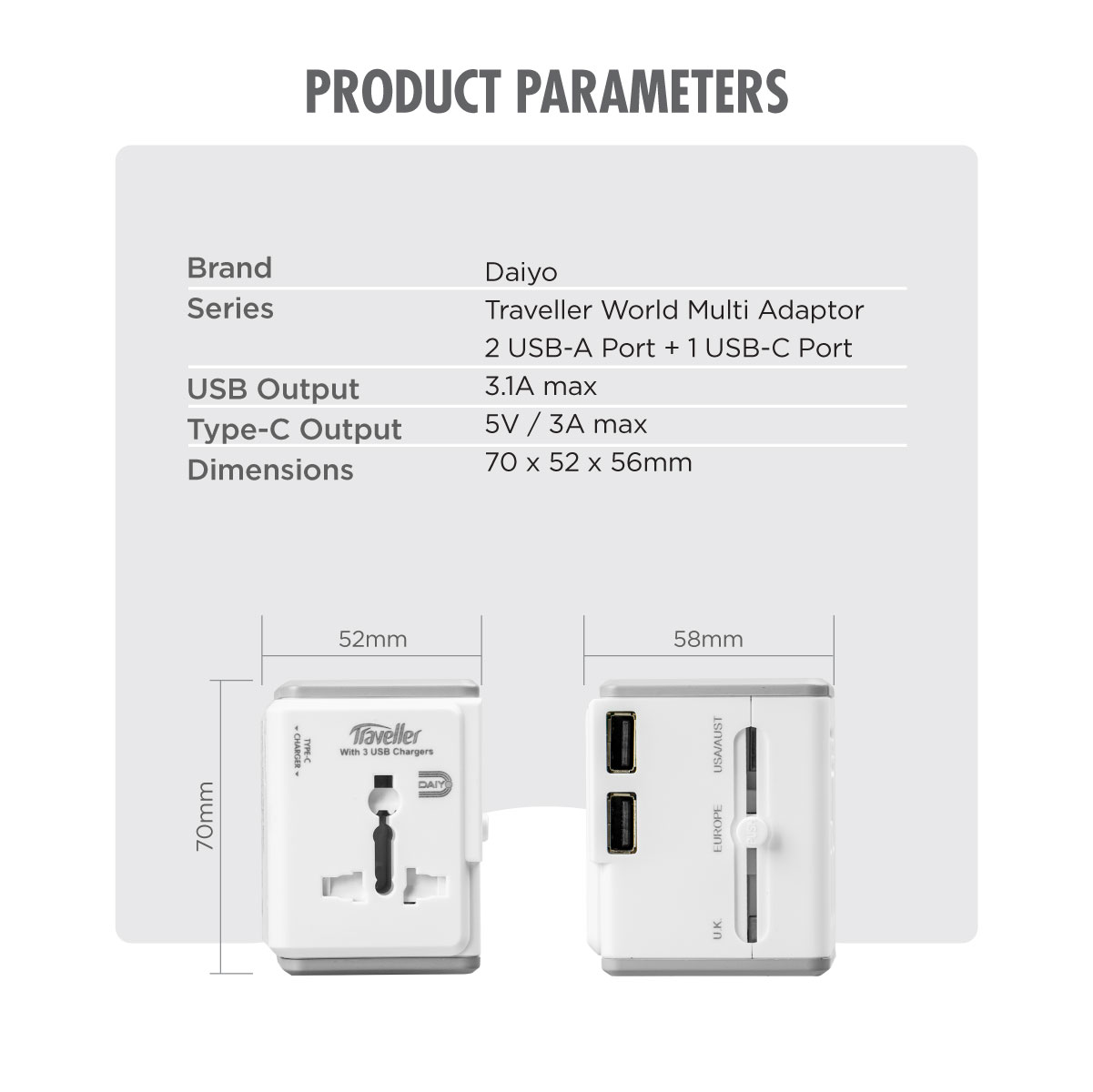 Daiyo DE 318 Travel World Multi Adaptor 3.1A, 2 USB-A + 1 USB-C Port ...