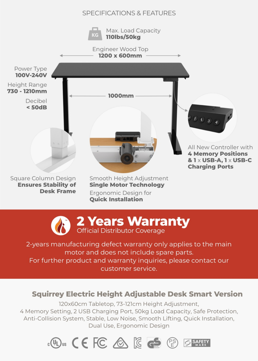 Squirrey Electric Height Adjustable Desk Smart [ Standing Table, 4