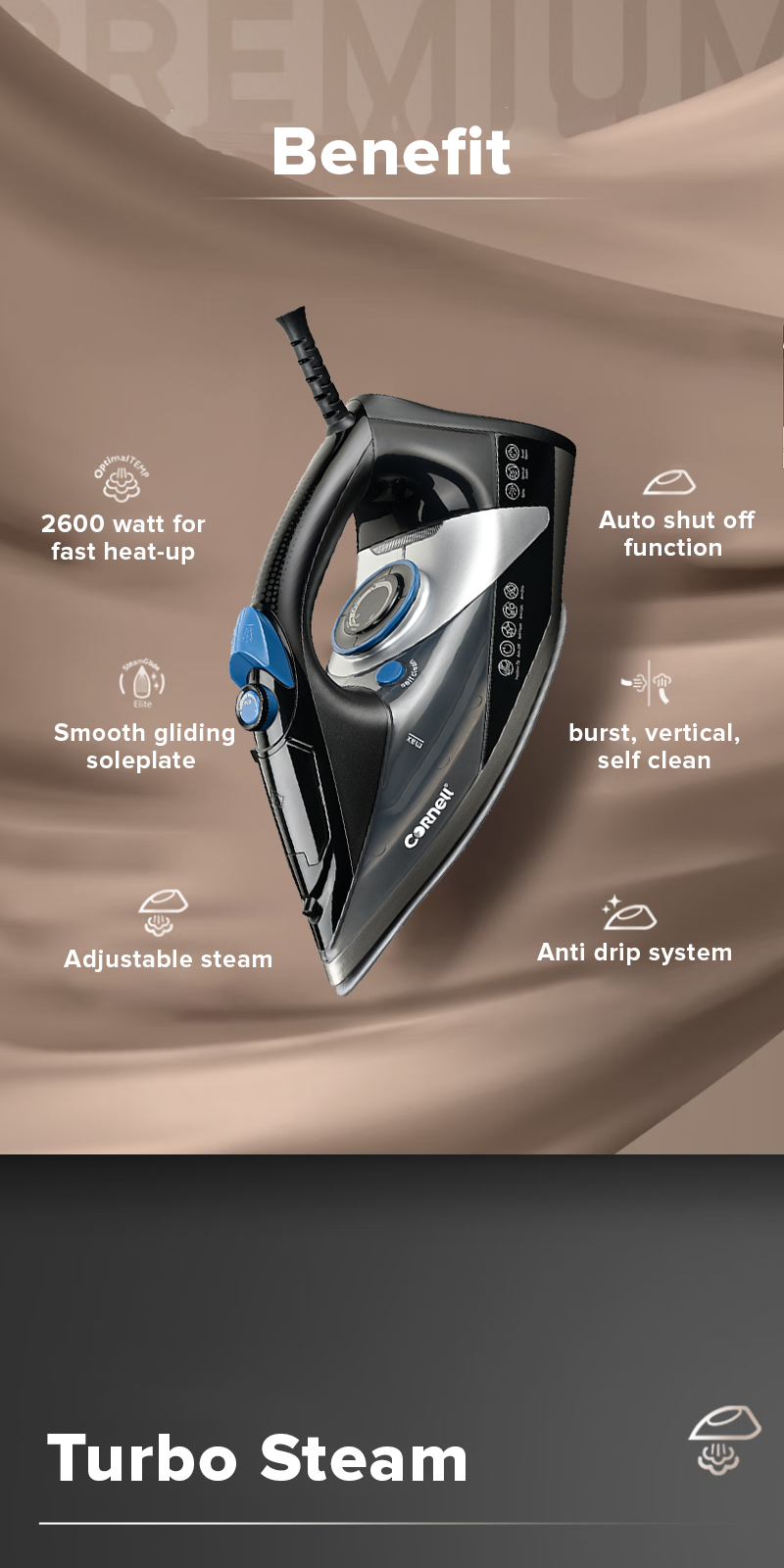 Cornell 2600W Electric Steam Iron with Auto Shut Off Function CSIE26BK ...