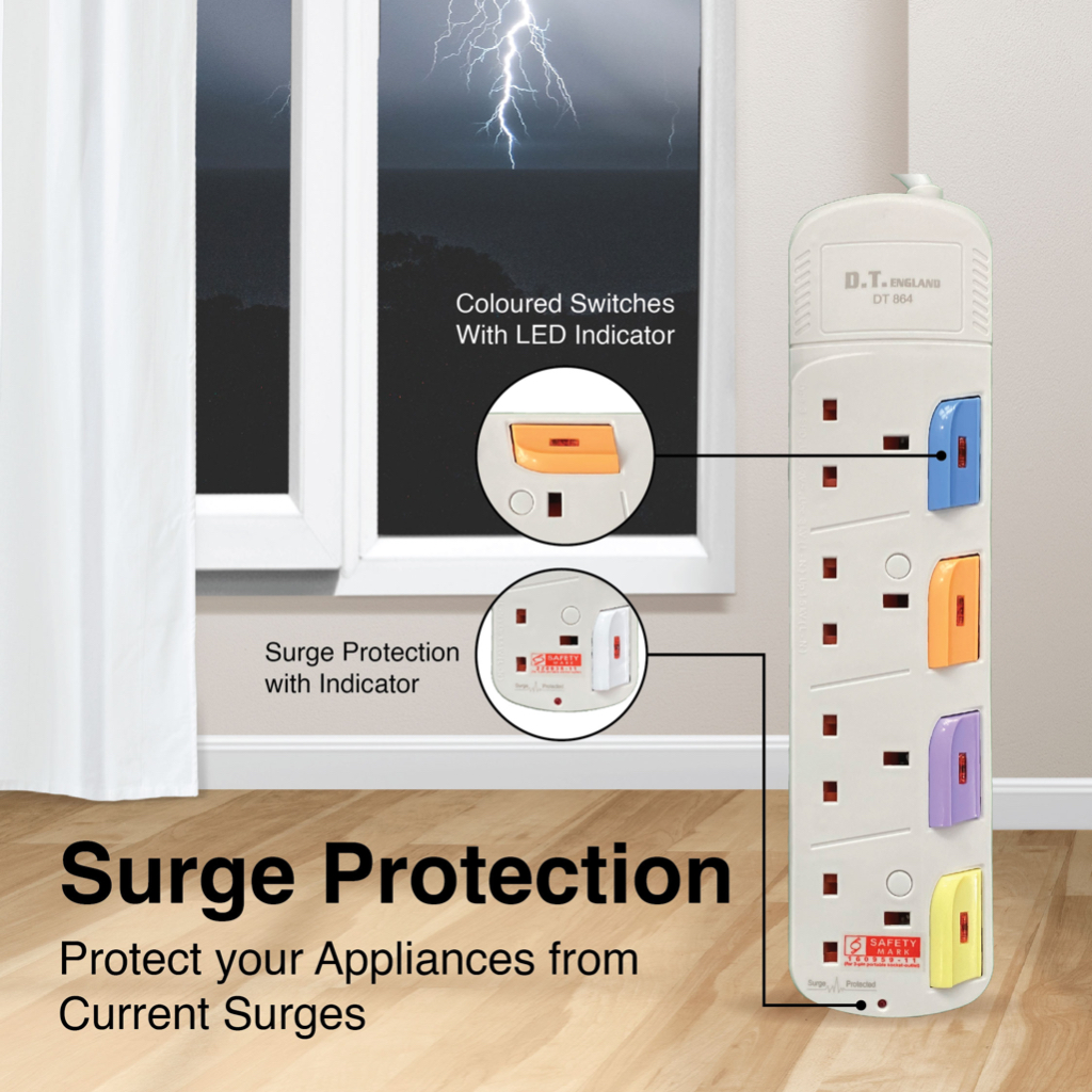 DT England 3/6 Metres Extension Socket Cord , Approved Surge Protection ...