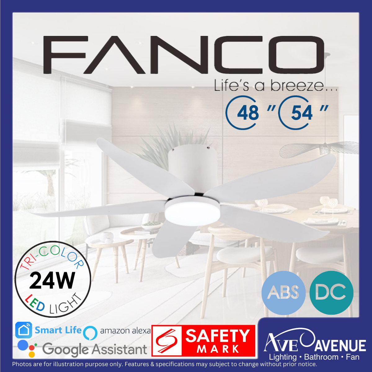Fanco Co-Fan Rito-5 DC Ceiling Fan 5 Blade 48/54 Inch LED n Remote ...