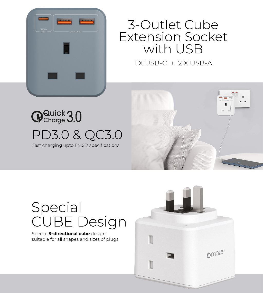 Mazer M-HOME-CUBE20UK CubePlug with 3 sockets + 2A1C PD20W Wall Plugs ...