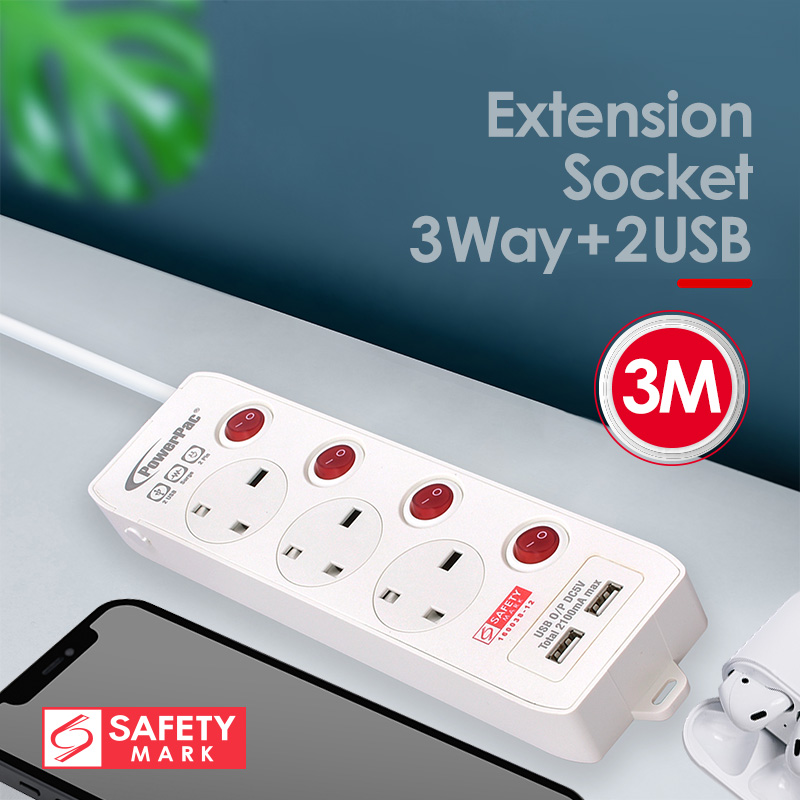 PowerPac Extension Cord, Extension Socket, Power Cord 3 Meter 3way with ...