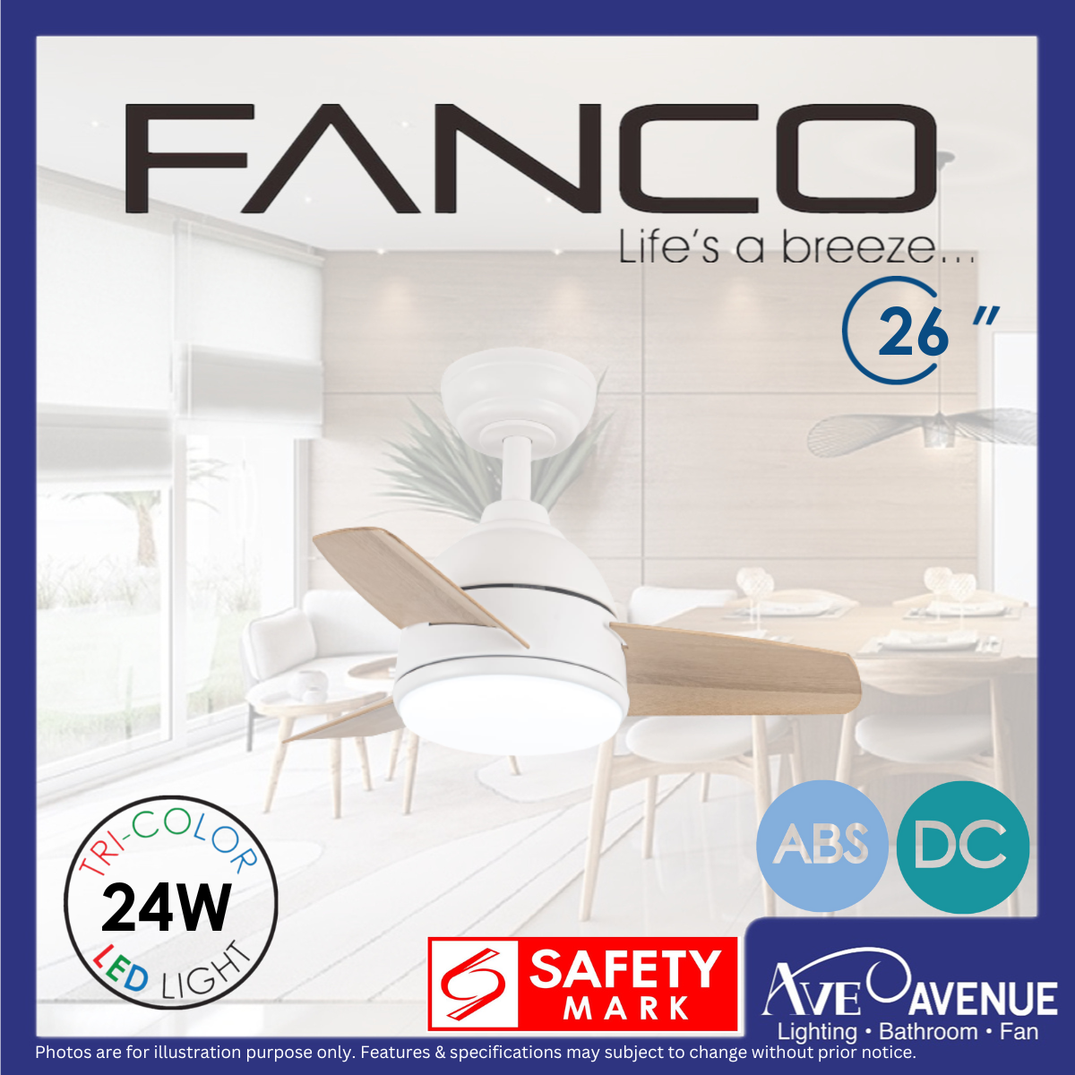 Fanco Co-Fan Bee DC Motor 3 Blade Ceiling Fan with 3 Tone LED Light Kit ...