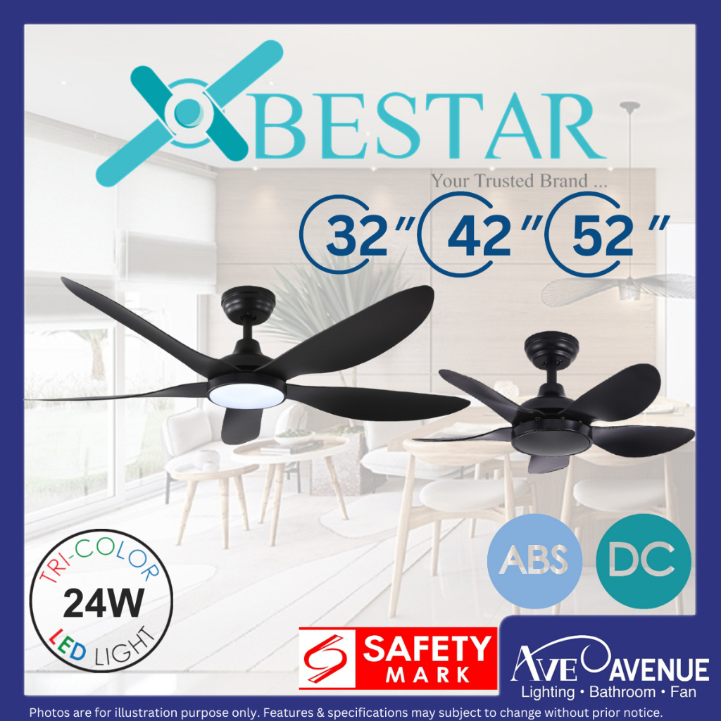 BESTAR Wind DC Motor 5 Blade 32/42/52 Inch Ceiling Fan with 3 Tone LED ...