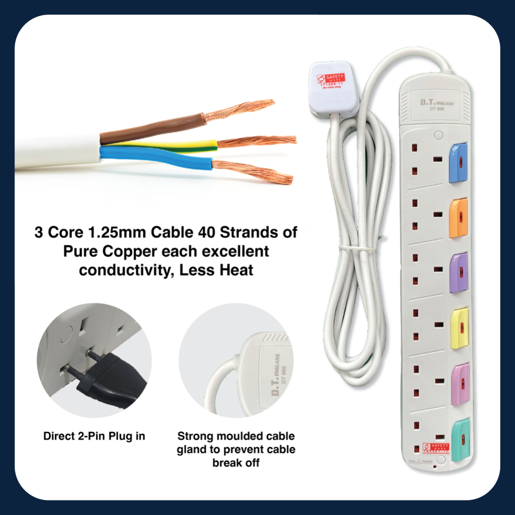 DT England 3/6 Metres Extension Socket Cord , Approved Surge Protection ...