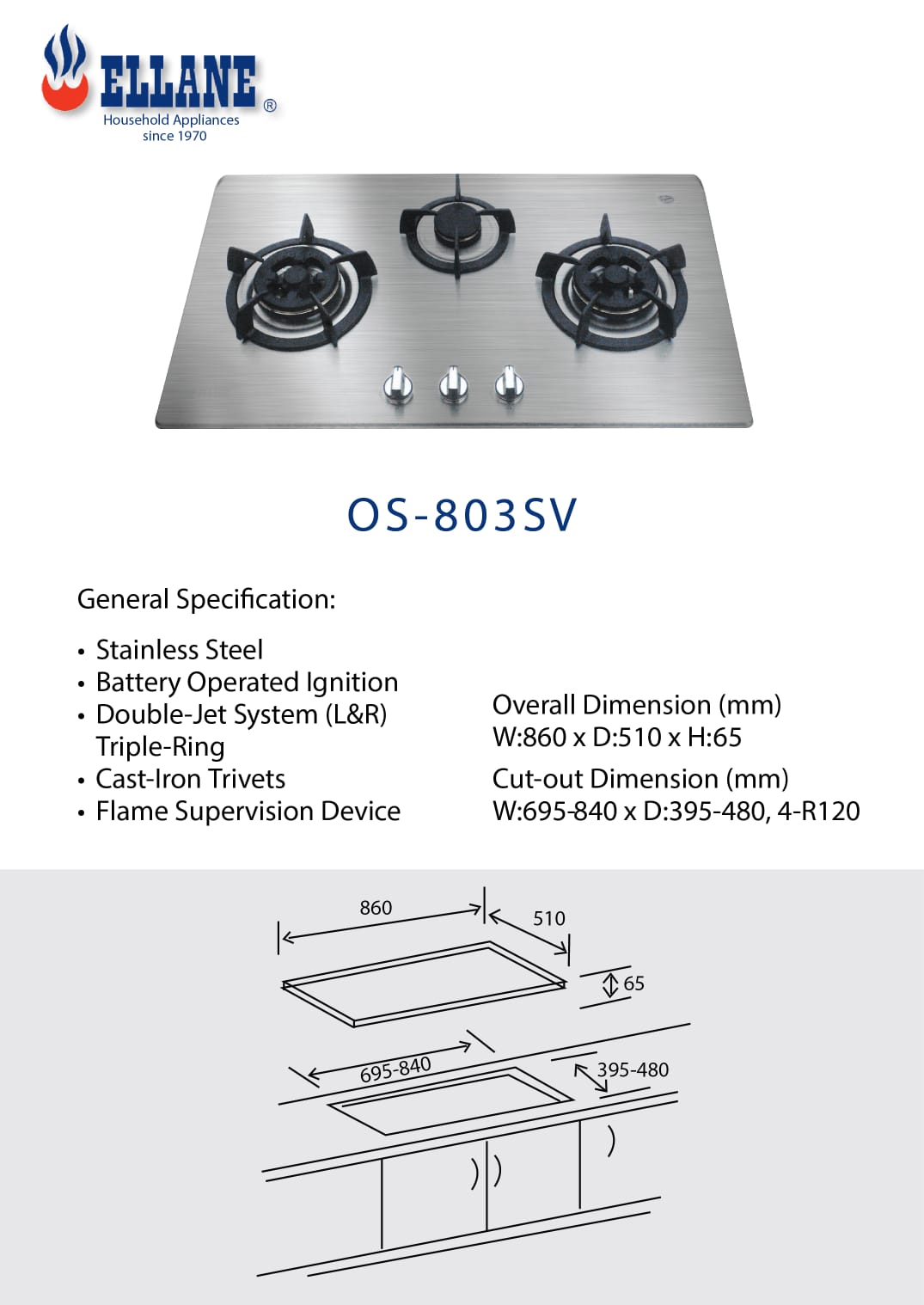 ELLANE OS803SV STAINLESS STEEL 3 BURNERS COOKER HOB WITH SAFETY DEVICE