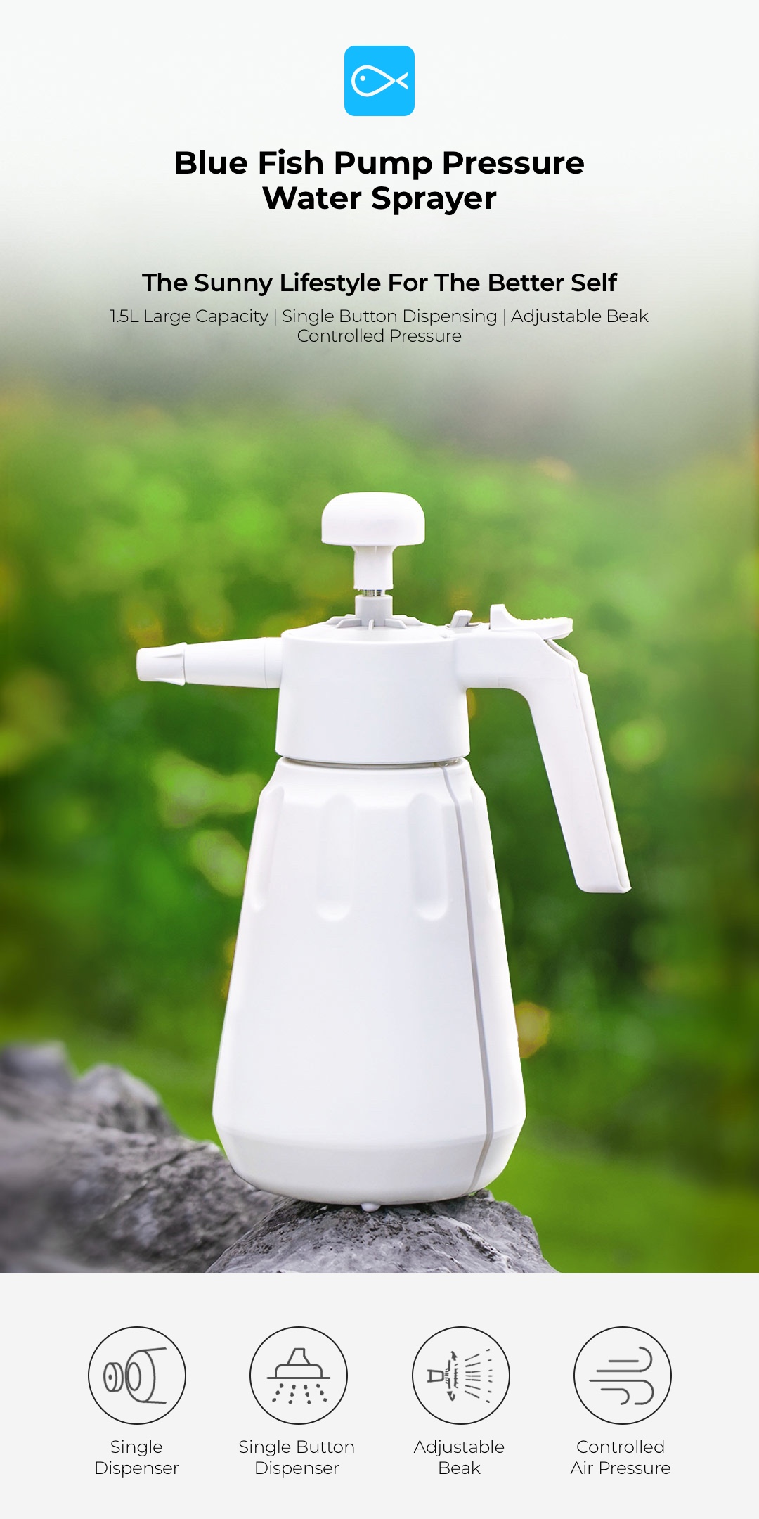 Blue Fish Pump Sprayer | 1.5L, Auto Spout, 2.2bar Pressure, Adjustable ...