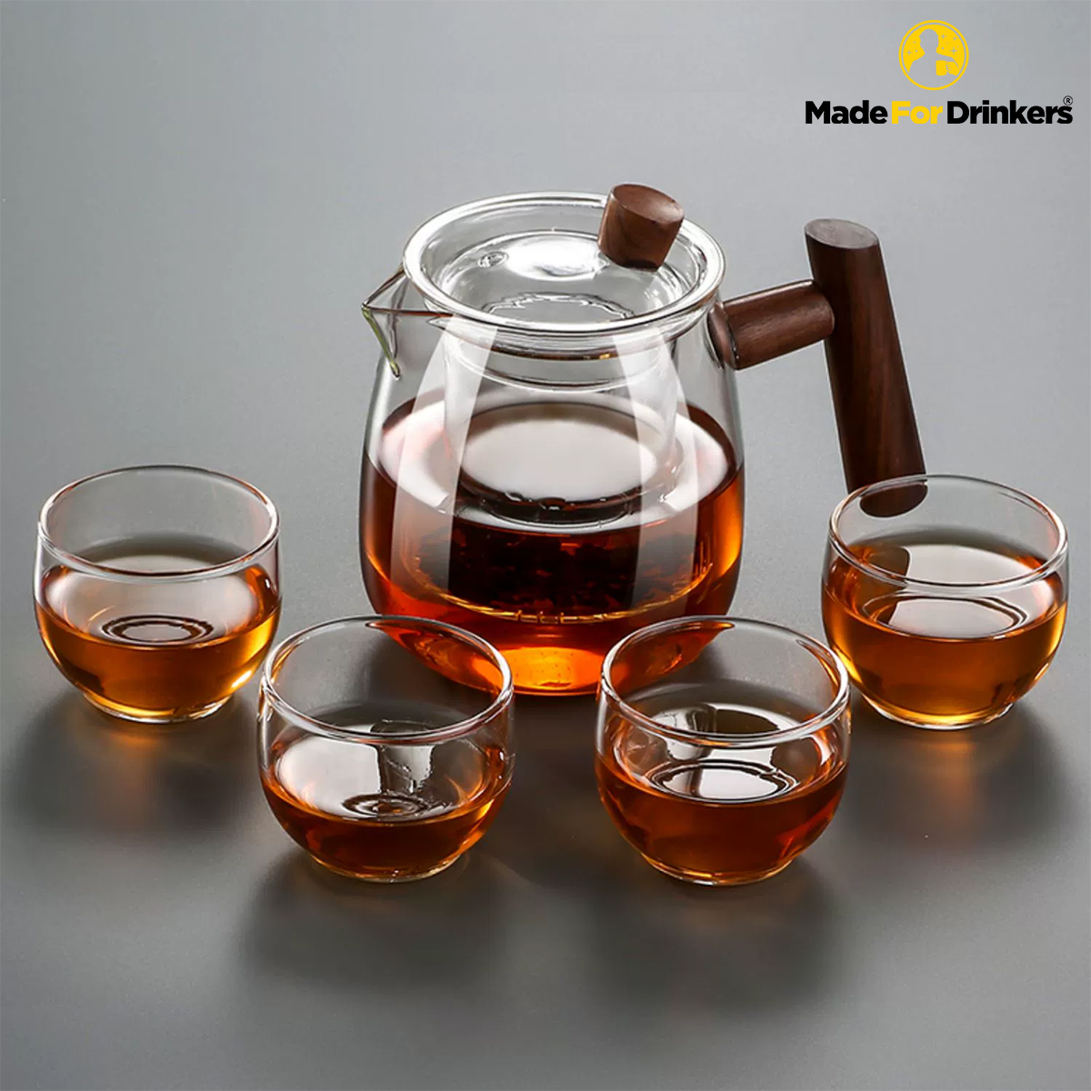 500ml Wooden Handle Borosilicate Glass Teapot with 4 cups ...