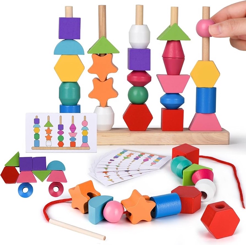 Montessori Wooden Beads Sequencing Toy Set Lacing Beads & Matching ...