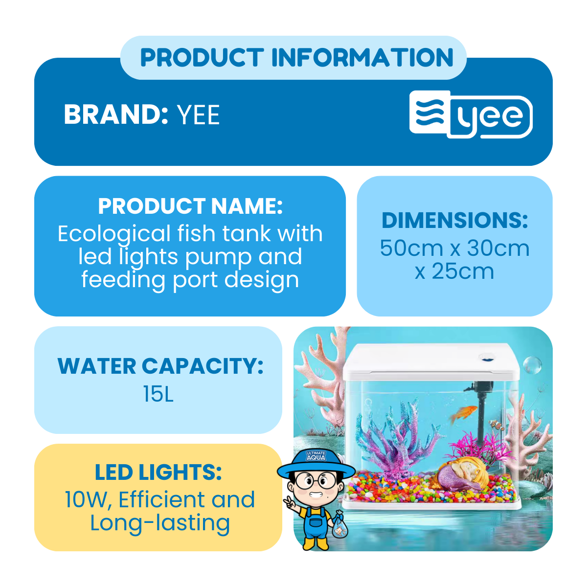 YEE Ecological Small Glass Fish Tank On Table [7L-100L] With Led Lights ...