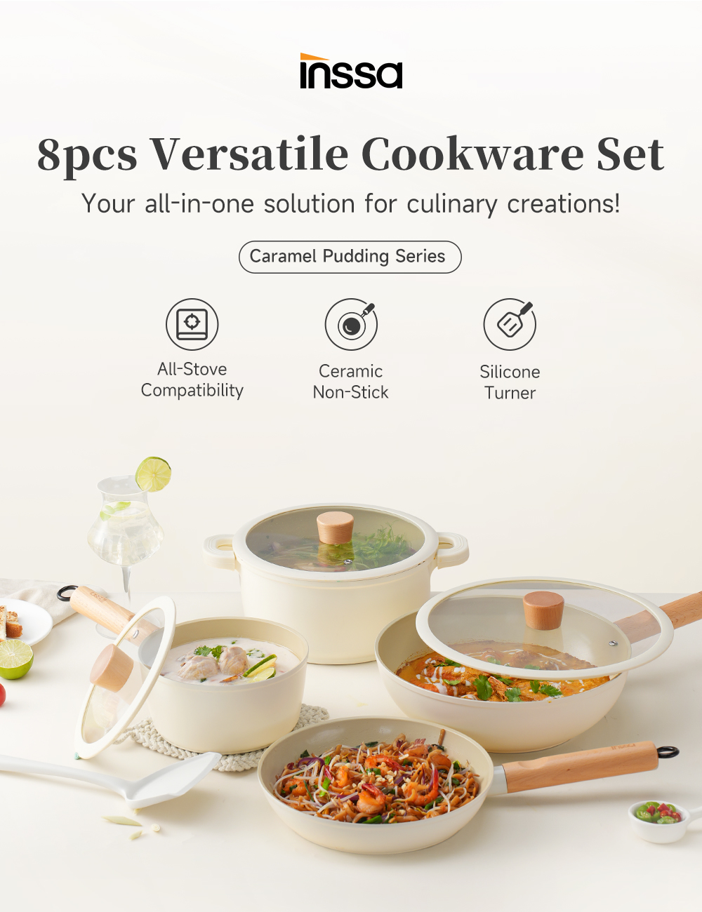 Simplus Kit 8 Pcs Cookware 丨Saucepan Wok Fry Pan Stockpot丨Ceramic Non ...