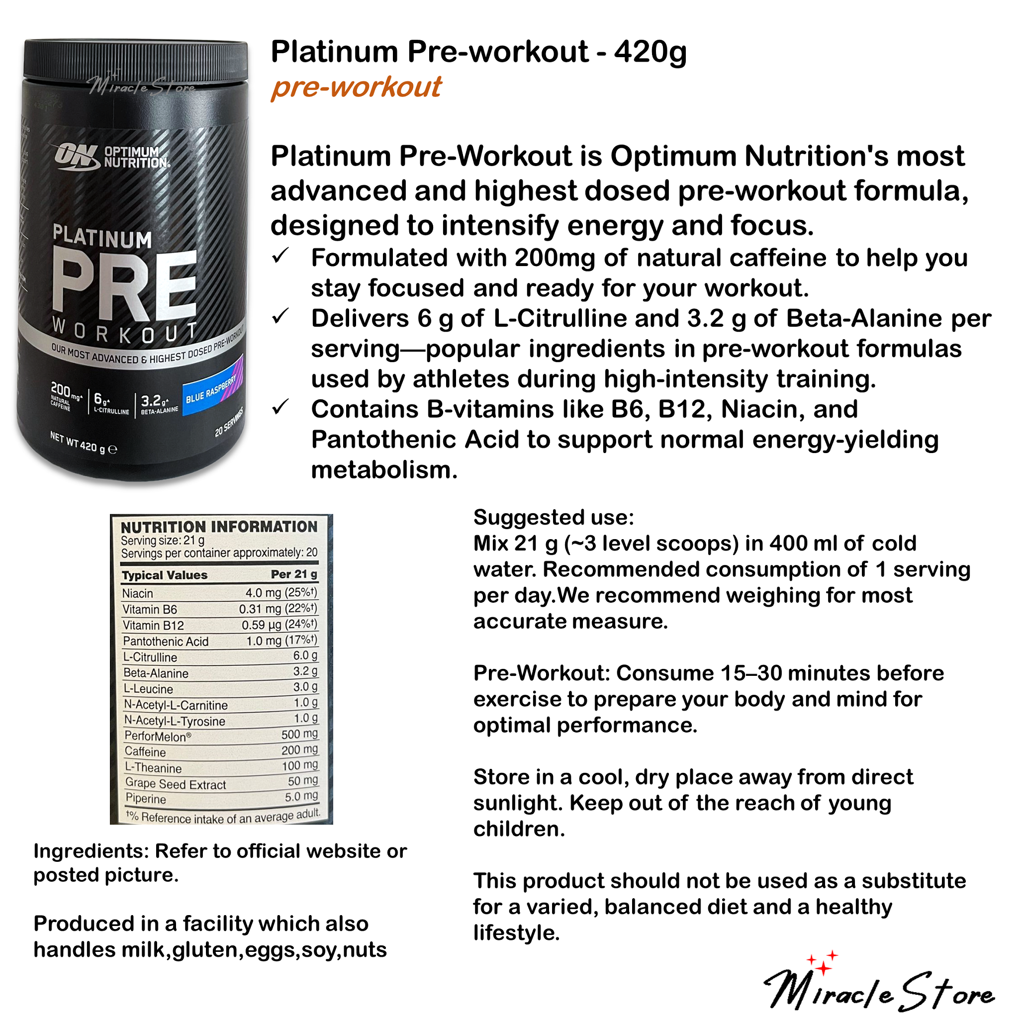 Optimum Nutrition Platinum Pre workout 420g Performance Energy Focus ...