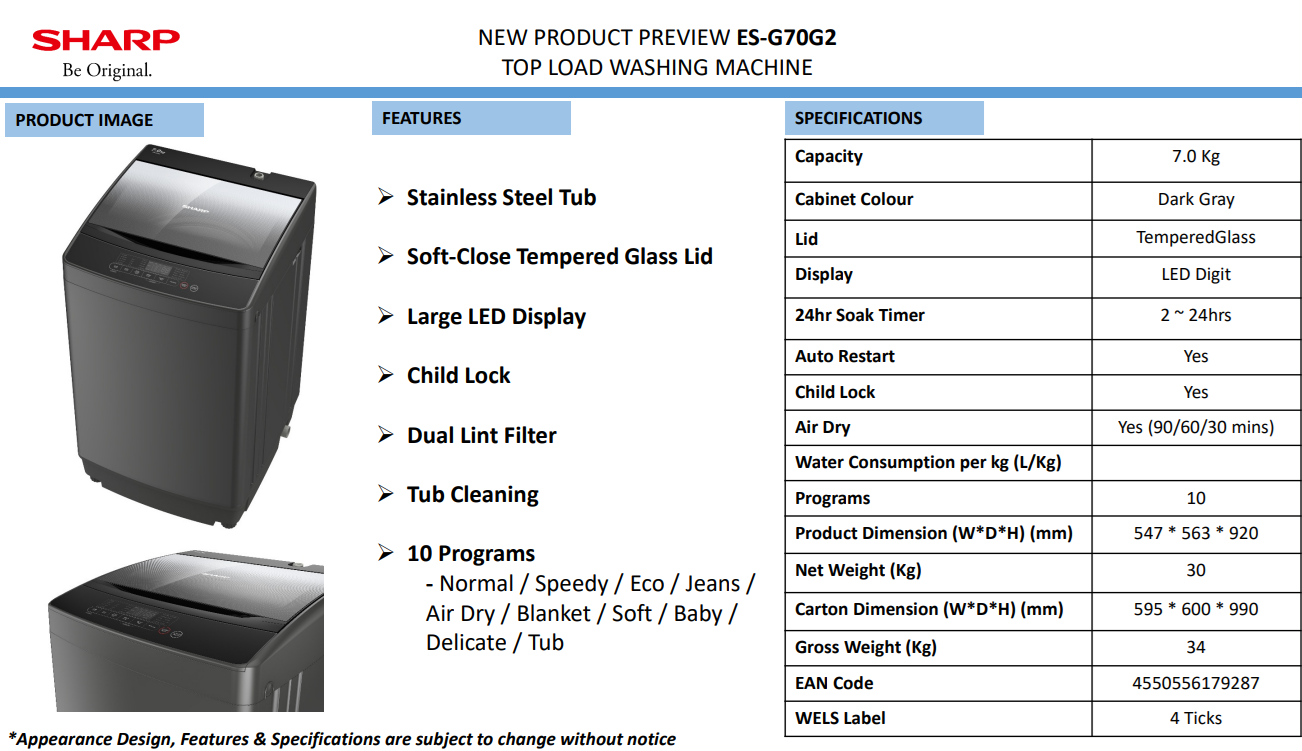 SHARP ES-G70G2 7KG 4 TICK DARK GREY TOP LOAD WASHING MACHINE | Shopee ...