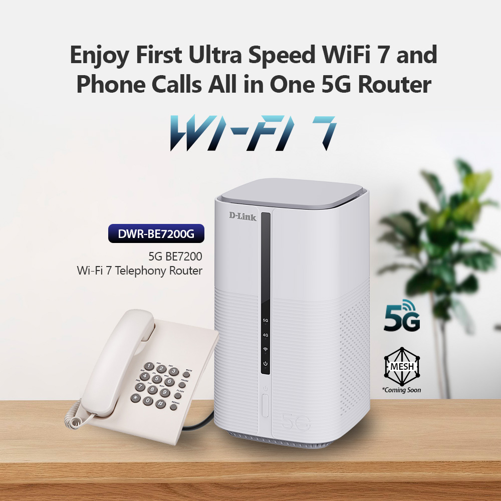 D-Link DWR-BE7200G 5G NR Wi-Fi 7 BE7200 Multi-Gigabit (MG) VoNR/Vo5G ...