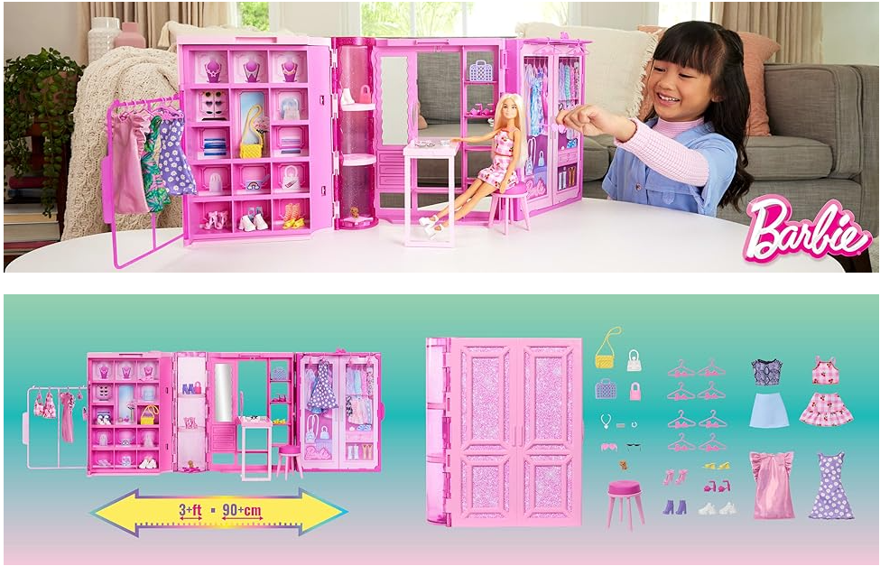 Set Barbie 25 Pièces Mode Barbie Dream Closet Ensemble Rangement Et Jeu 0,9m Avec 25+ Accessoires Et 4 Tenues
