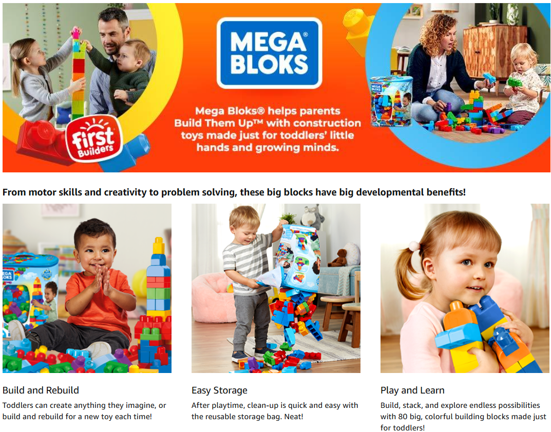 MEGA BLOKS Pink Big Building Bag With Storage (80 Pieces) Suitable for ...