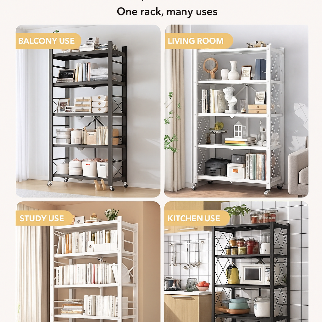 Foldable Kitchen Rack with Wheels 3/4/5-Tier Metal Storage Shelf ...