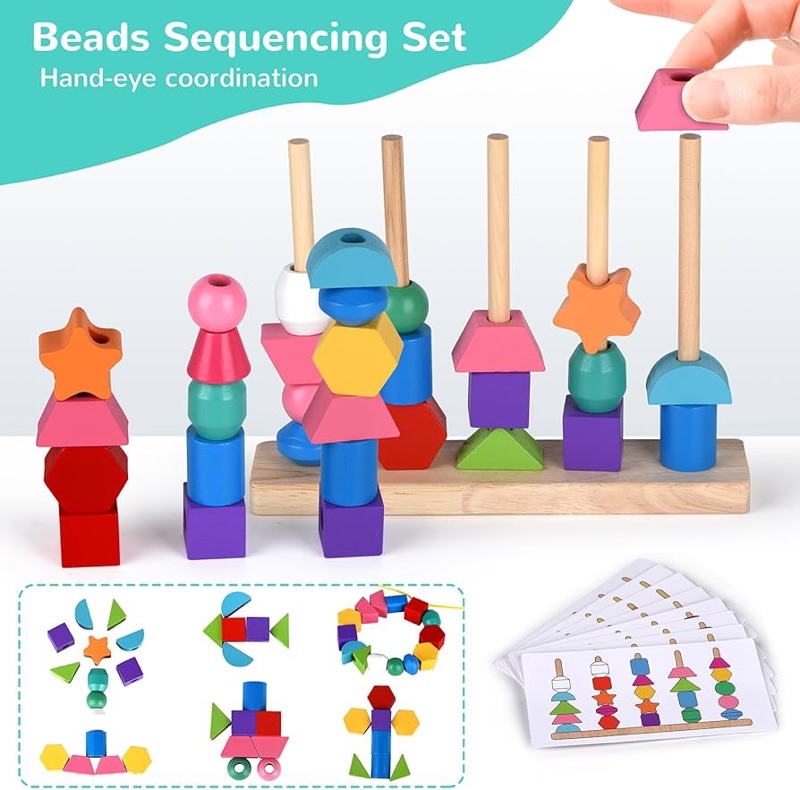 Montessori Wooden Beads Sequencing Toy Set Lacing Beads & Matching ...