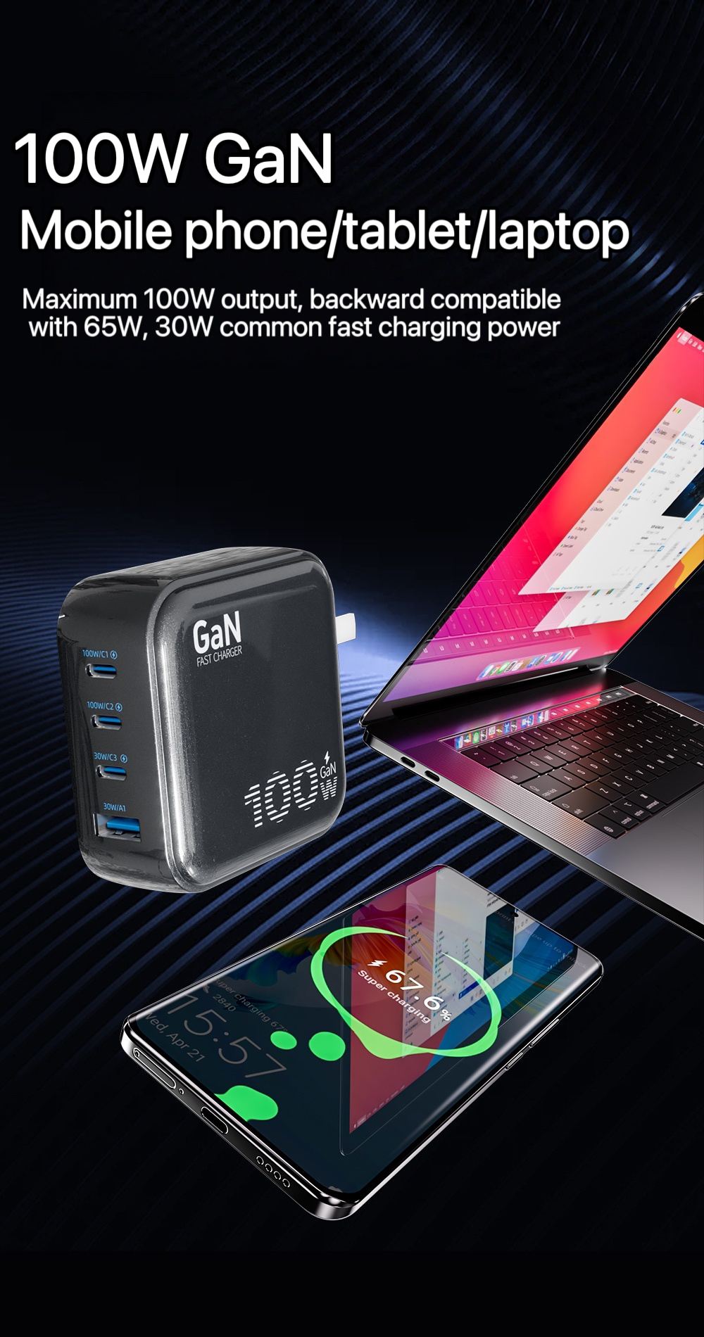 HWKTech 100W GaN Fast Charger 3C+U High Power Adaptive For Phone Laptop ...