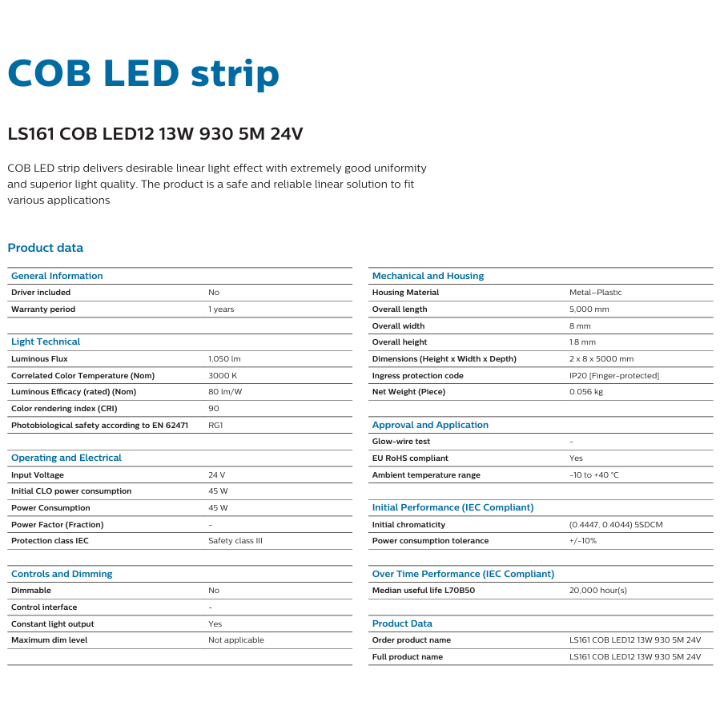 Philips LS161 13W 24V COB LED strip/ Continuous no dot LED strip/ Cove ...