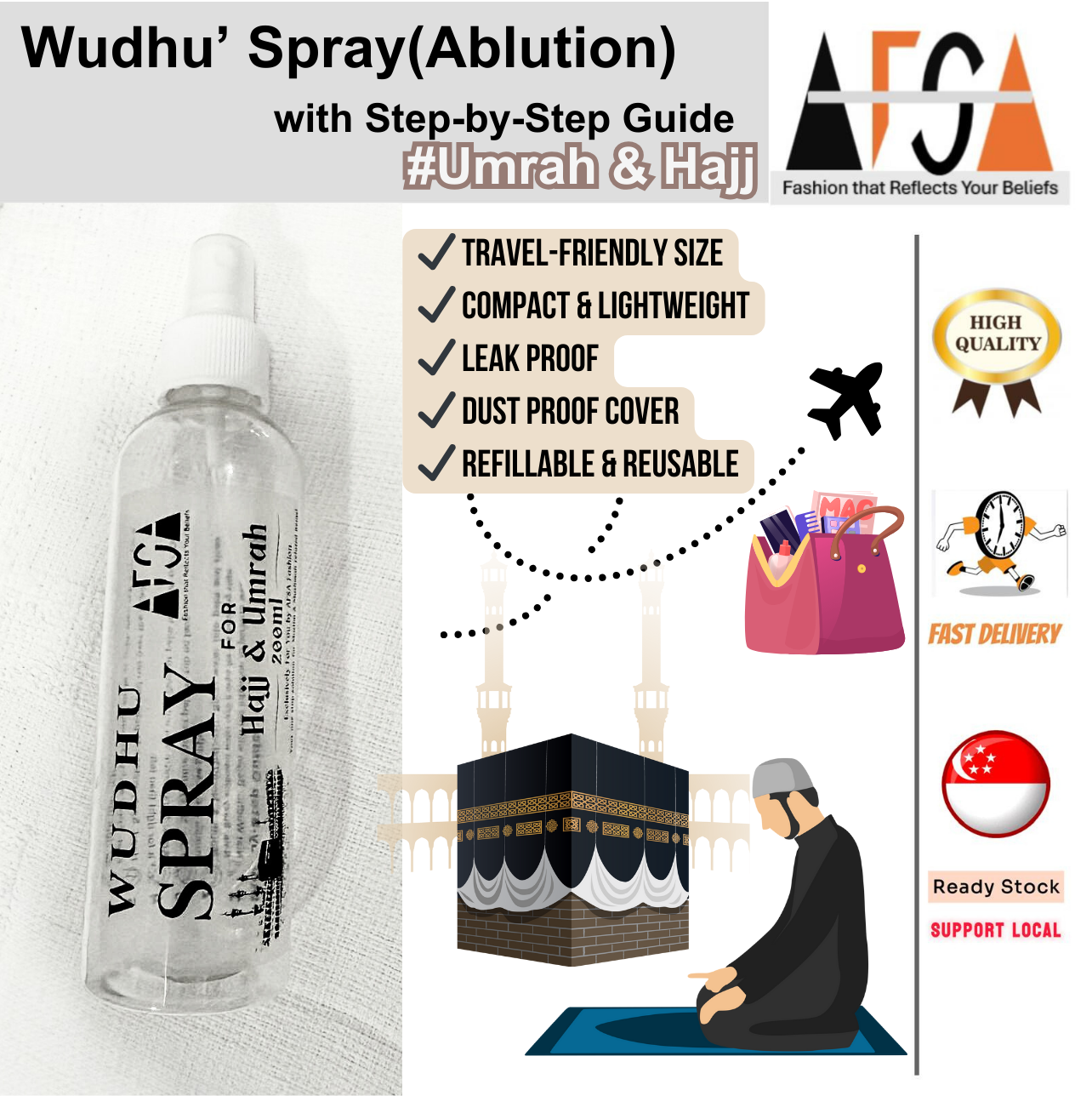 Wudhu' Spray Bottle 150ML/ 200ML for Umrah Hajj with Step-by-Step Guide ...