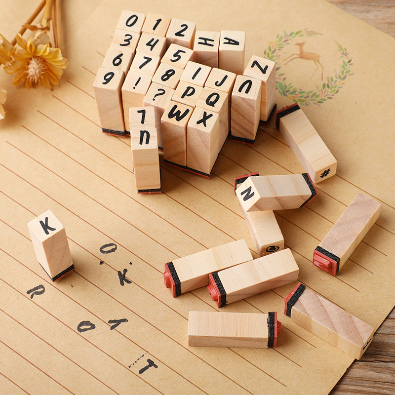 [SG] 40Pcs Chop Alphabet Stamps Wood Letter Stamp Vintage Wooden Letter ...