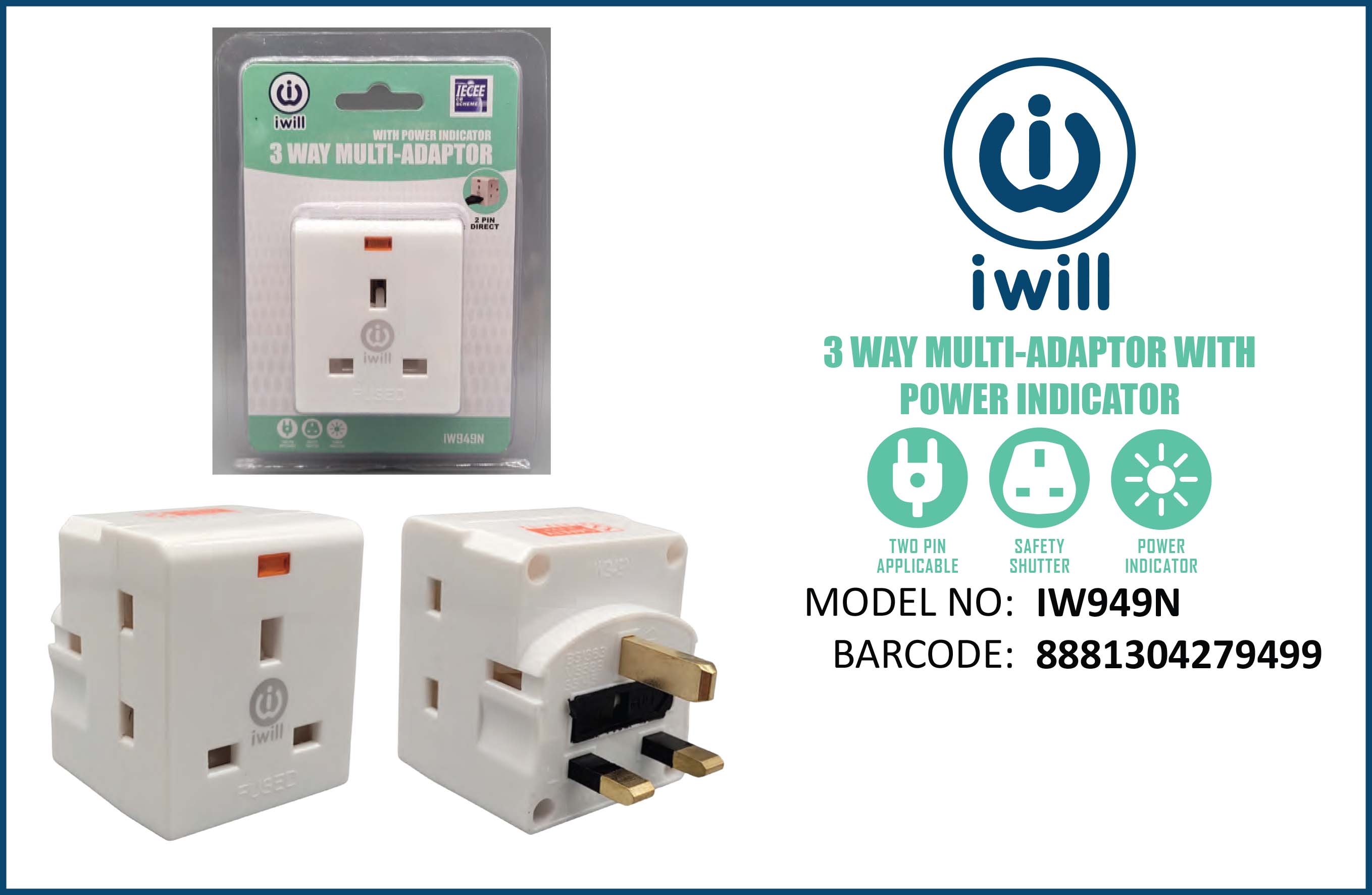 IWill 3 Way Multi-Adaptor with Power Indicator (IW949N) | Shopee Singapore