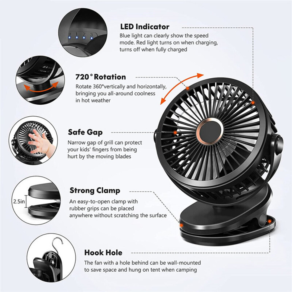 Mini Fan 10000mAh Chargeable Clipped Fan 360° Rotation 4-speed Wind USB ...