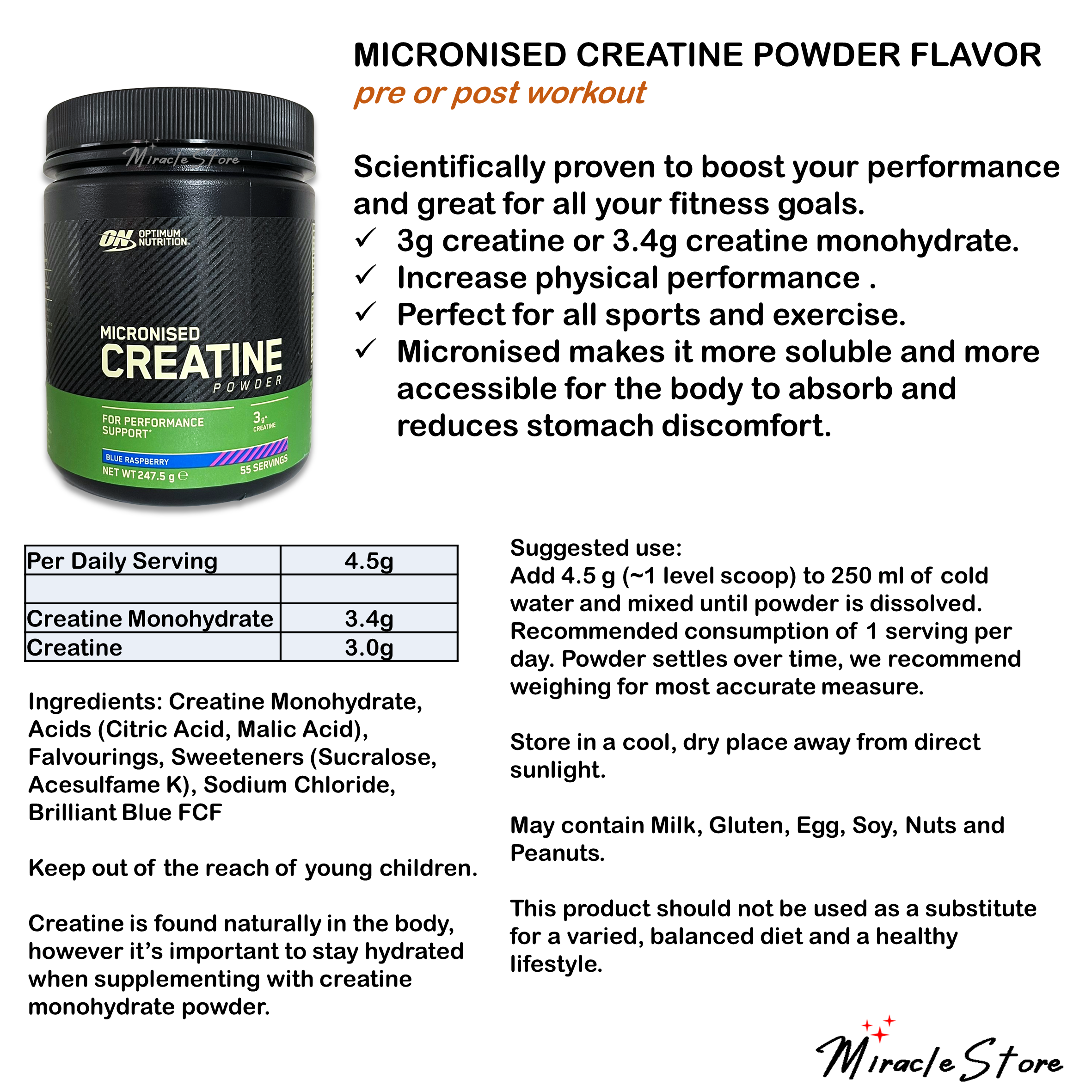 Optimum Nutrition Micronised Creatine Monohydrate 634g or 317g | Shopee ...