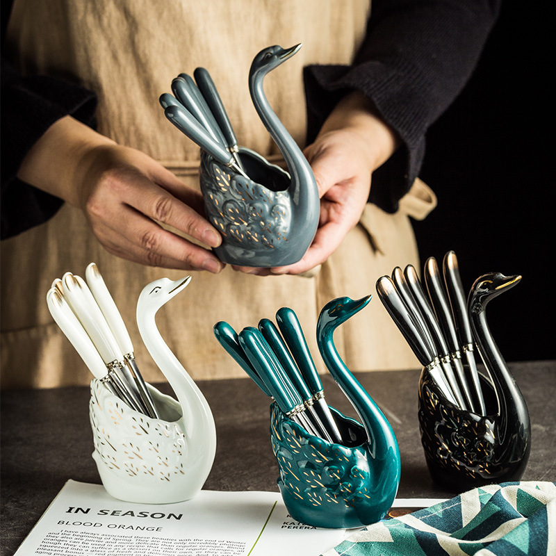 Ceramic Afternoon tea set accessories Swan Shaped Utensil Holder with 6 ...