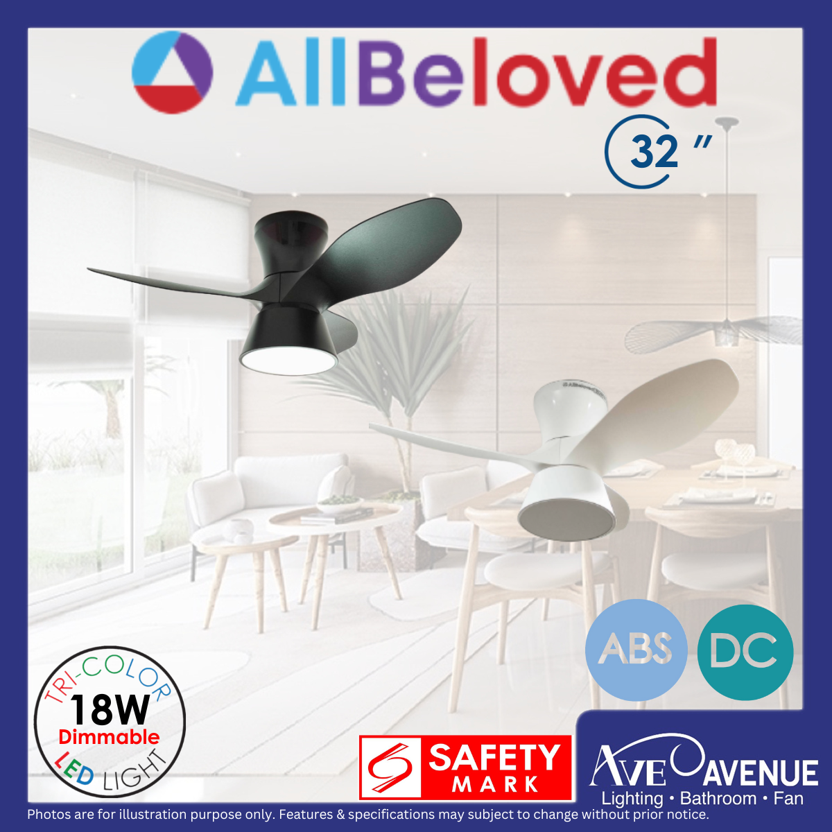 AllBeLoved ABF 22/32 Inch DC Motor 3 Blade Ceiling Fan w/ 3 Tone LED ...