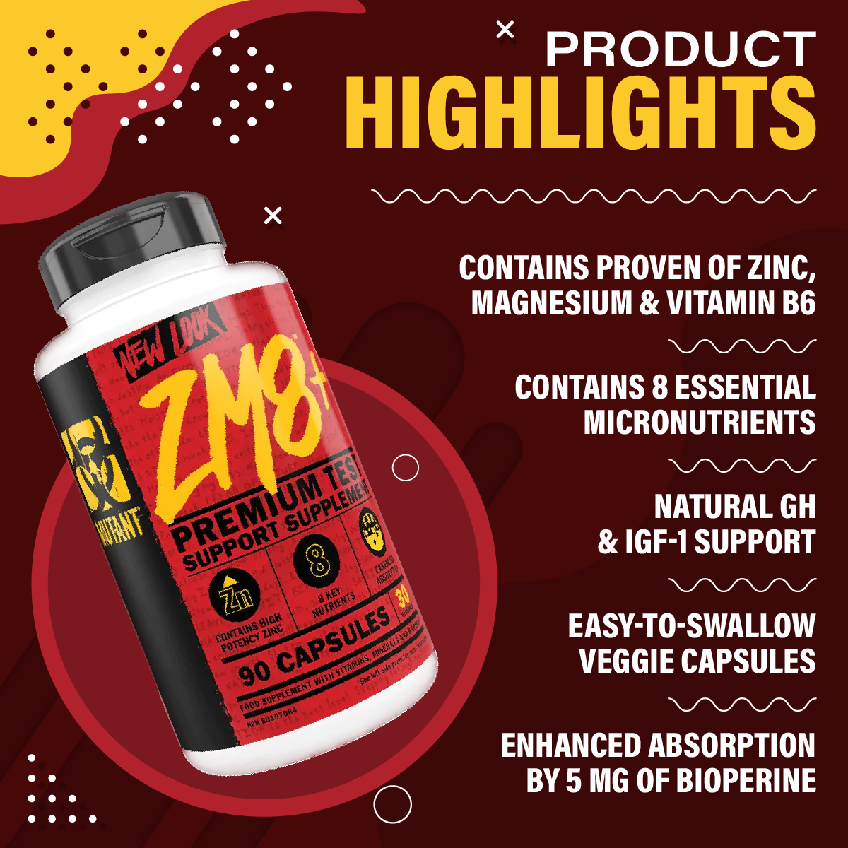 Mutant ZM8+ Testosterone Booster, Strength Supplement, Muscle Recovery ...