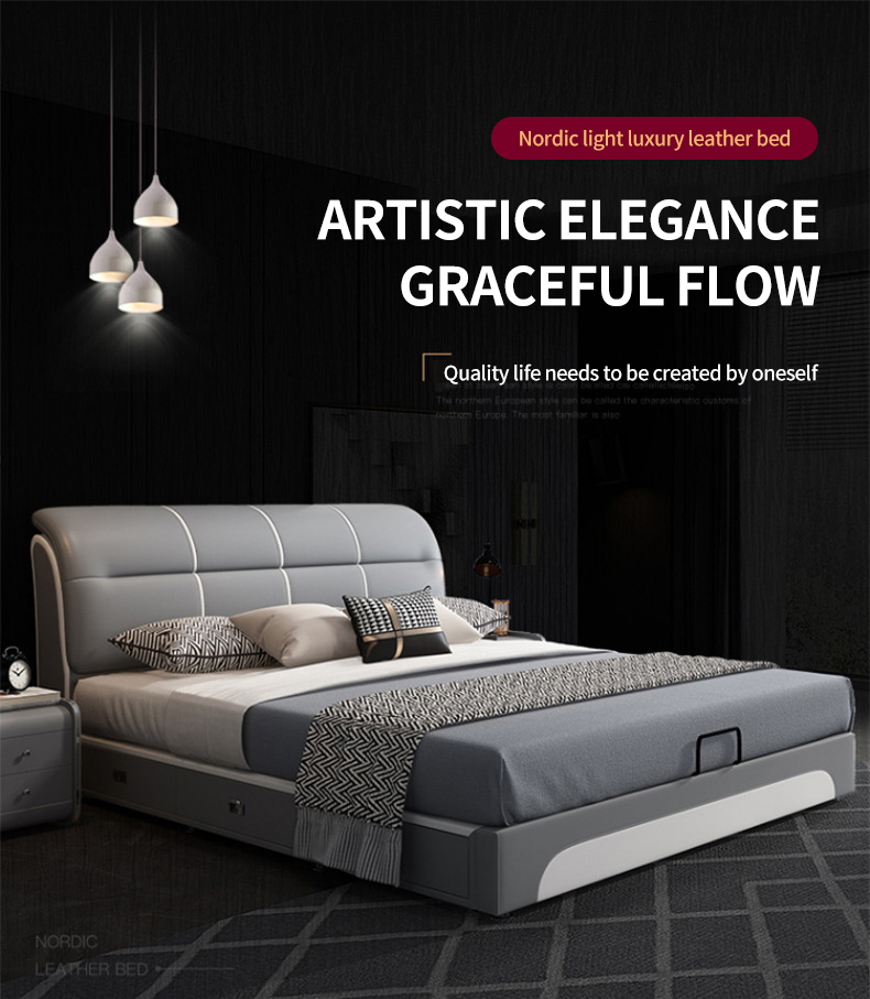 (HOME+) Genuine leather bed 1.8m double bed modern minimalist master ...