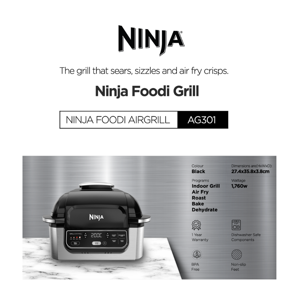 Ninja Foodi 5 in 1 Indoor Electric Grill with Air Fry Roast Bake Dehydrate Ninja Grill Smokefree Airgrill AG301