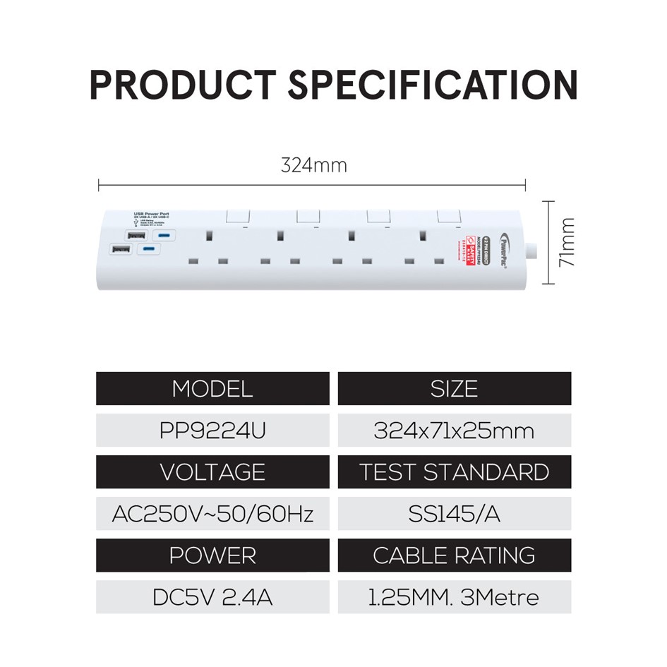Powerpac 3W / 4W Socket Extension 3Meter Long Cable with 2.4A 2xUSB-A ...