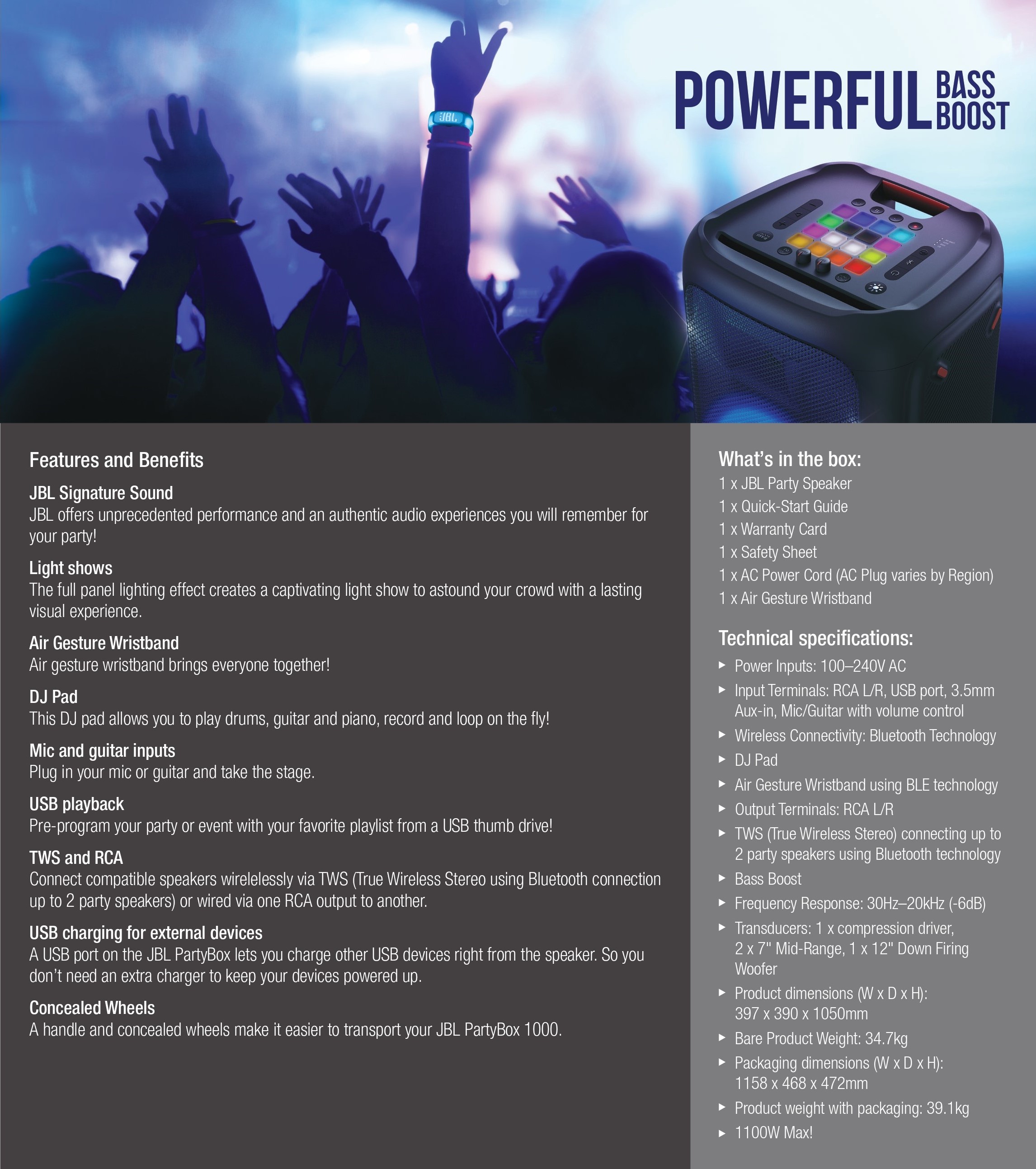 JBL PartyBox 1000 wireless party speaker 1100W pure bass and