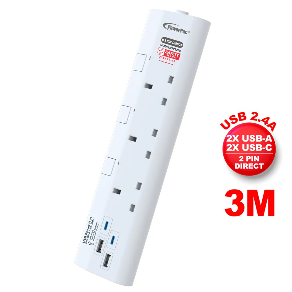 Powerpac 3W / 4W Socket Extension 3Meter Long Cable with 2.4A 2xUSB-A ...